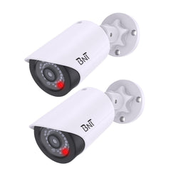 BNT Dummy Fake Security Camera with One Red LED Light at Night for Home and Businesses Security Indoor/Outdoor (2 Pack White)