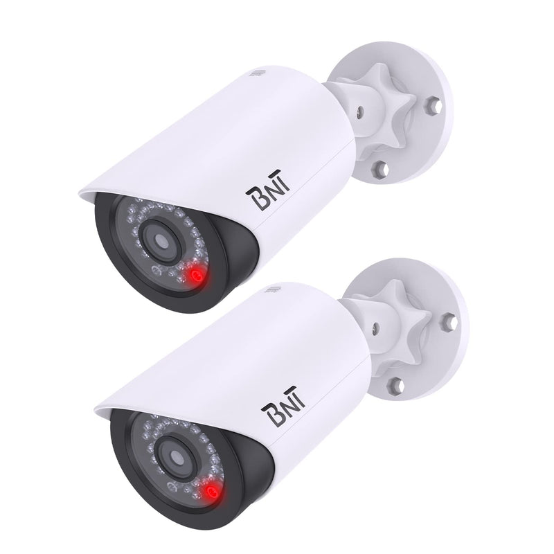 BNT Dummy Fake Security Camera with One Red LED Light at Night for Home and Businesses Security Indoor/Outdoor (2 Pack White)